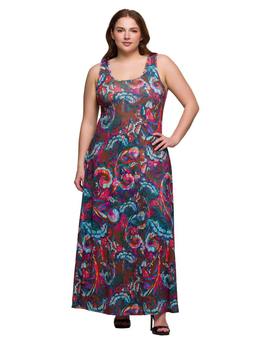 Plus Size Pink and Brown Print Scoop Neck A Line Sleeveless Maxi Dress