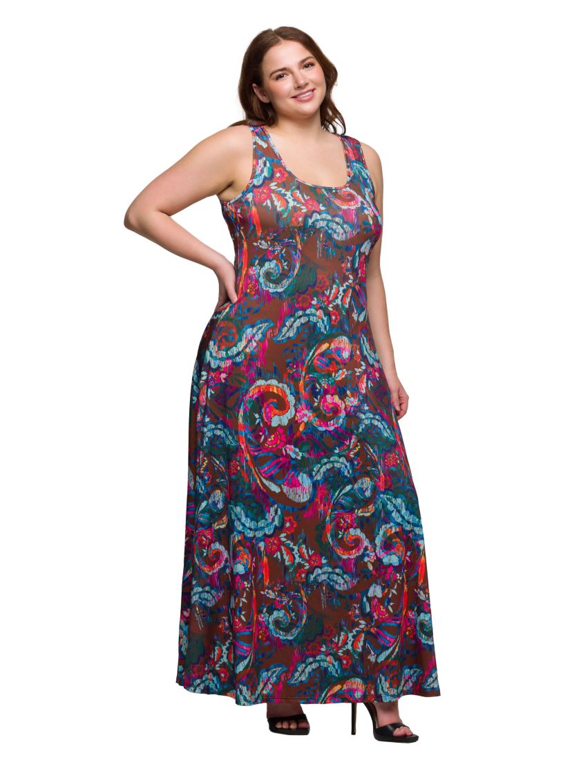 Plus Size Pink and Brown Print Scoop Neck A Line Sleeveless Maxi Dress