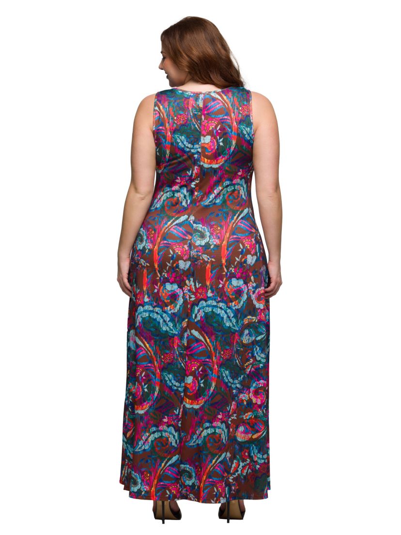 Plus Size Pink and Brown Print Scoop Neck A Line Sleeveless Maxi Dress
