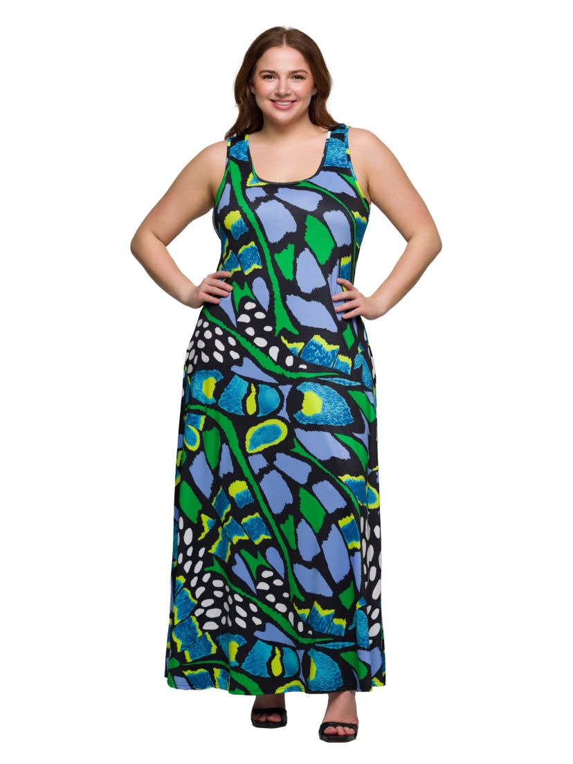 Plus Size Blue Butterfly Print Scoop Neck A Line Sleeveless Maxi Dress