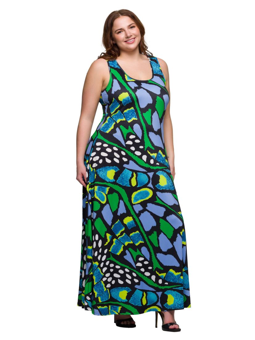 Plus Size Blue Butterfly Print Scoop Neck A Line Sleeveless Maxi Dress