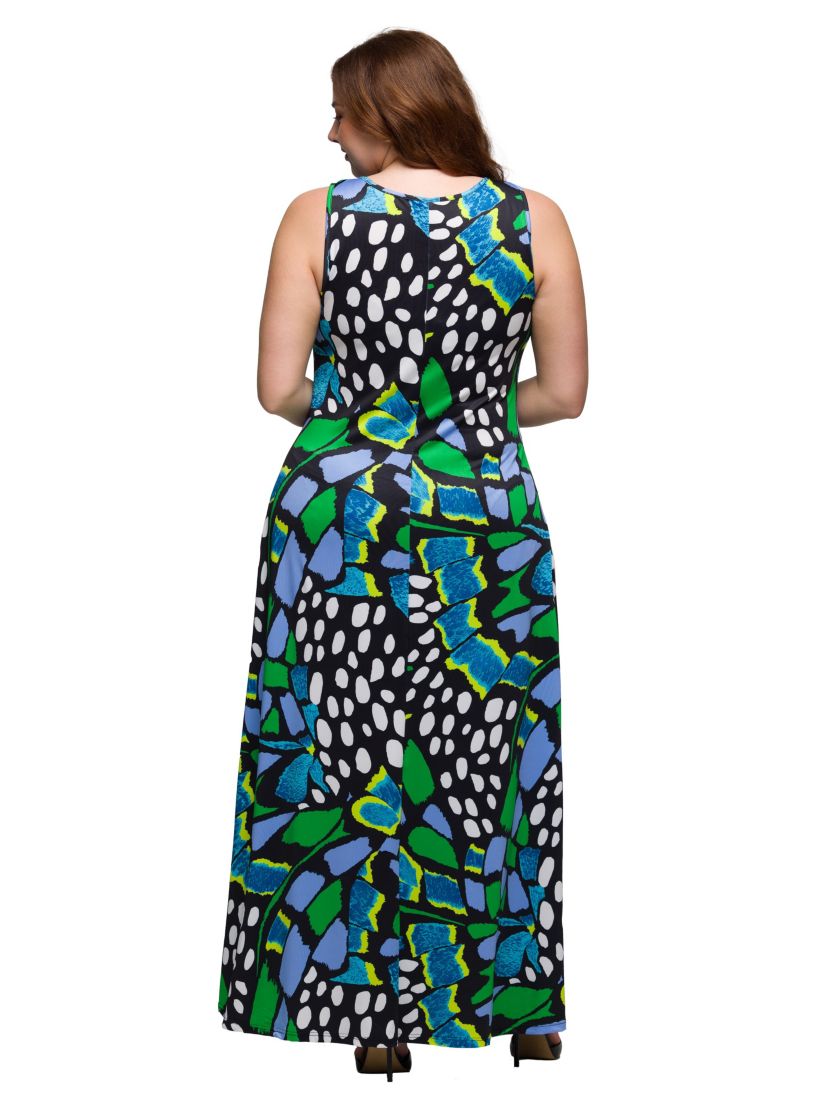 Plus Size Blue Butterfly Print Scoop Neck A Line Sleeveless Maxi Dress