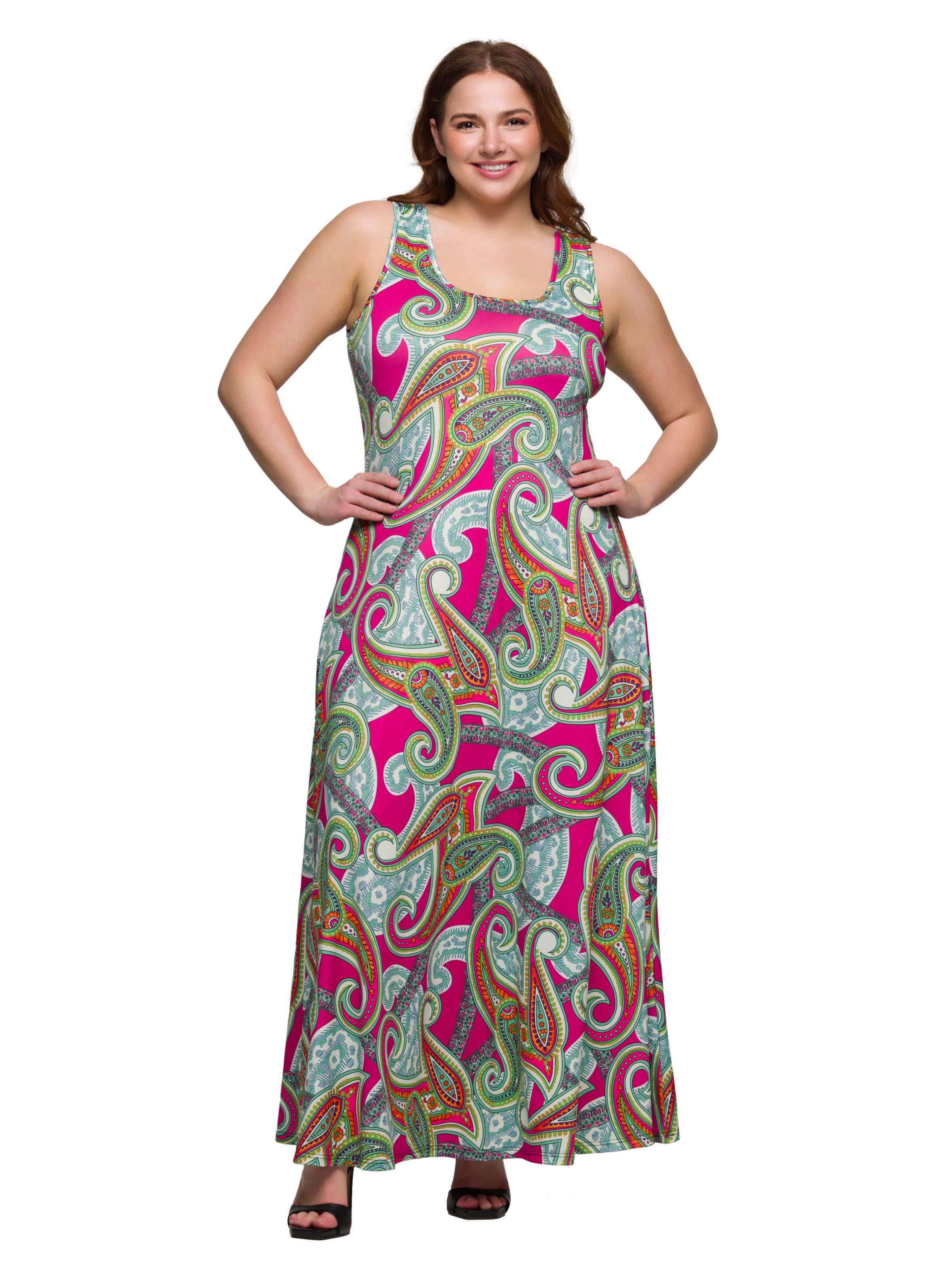Plus Size Hot Pink Paisley Print Scoop Neck A Line Sleeveless Maxi Dress