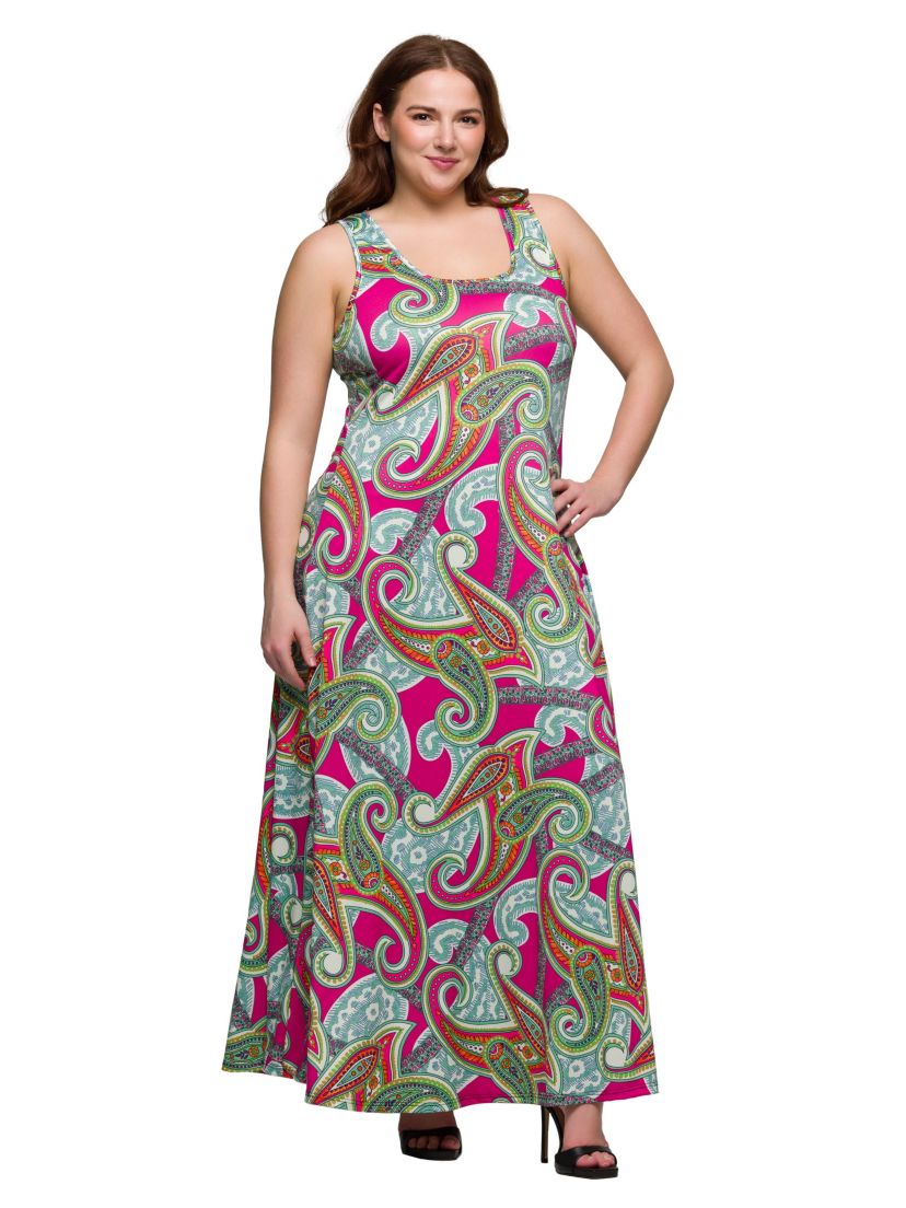 Plus Size Hot Pink Paisley Print Scoop Neck A Line Sleeveless Maxi Dress