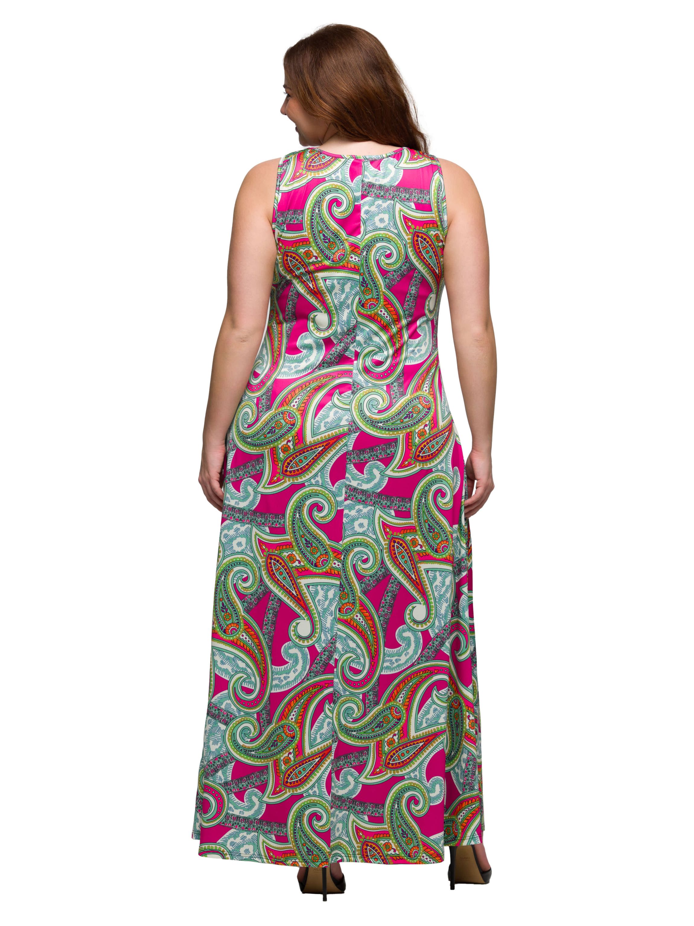 Plus Size Hot Pink Paisley Print Scoop Neck A Line Sleeveless Maxi Dress