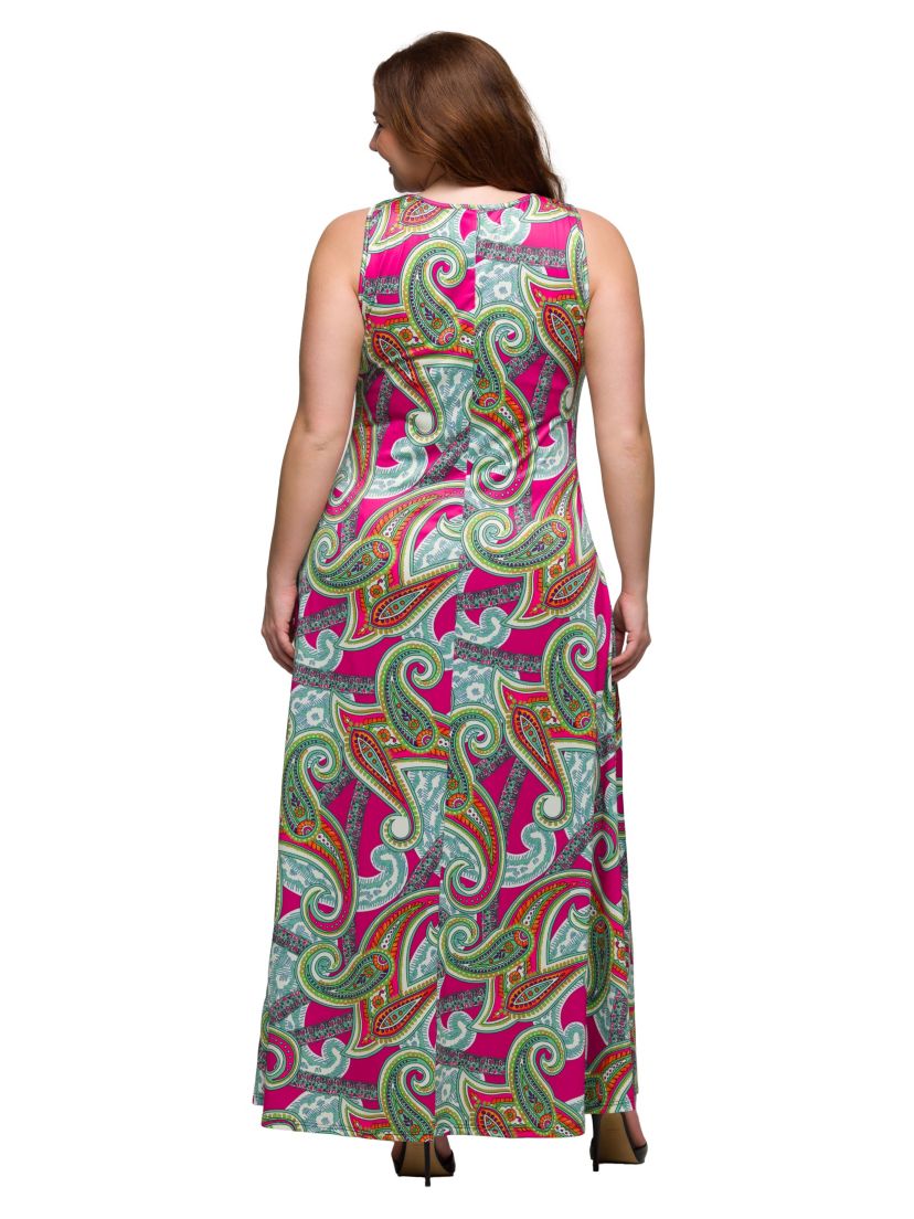 Plus Size Hot Pink Paisley Print Scoop Neck A Line Sleeveless Maxi Dress