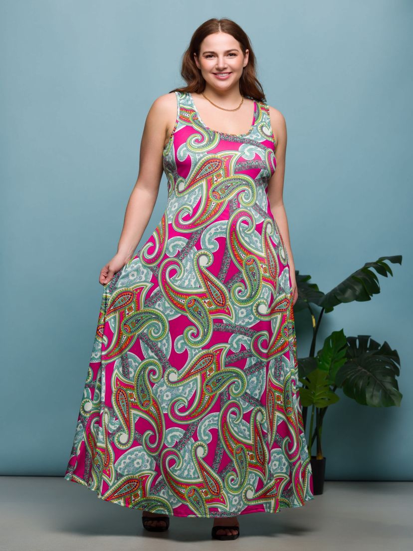 Plus Size Hot Pink Paisley Print Scoop Neck A Line Sleeveless Maxi Dress