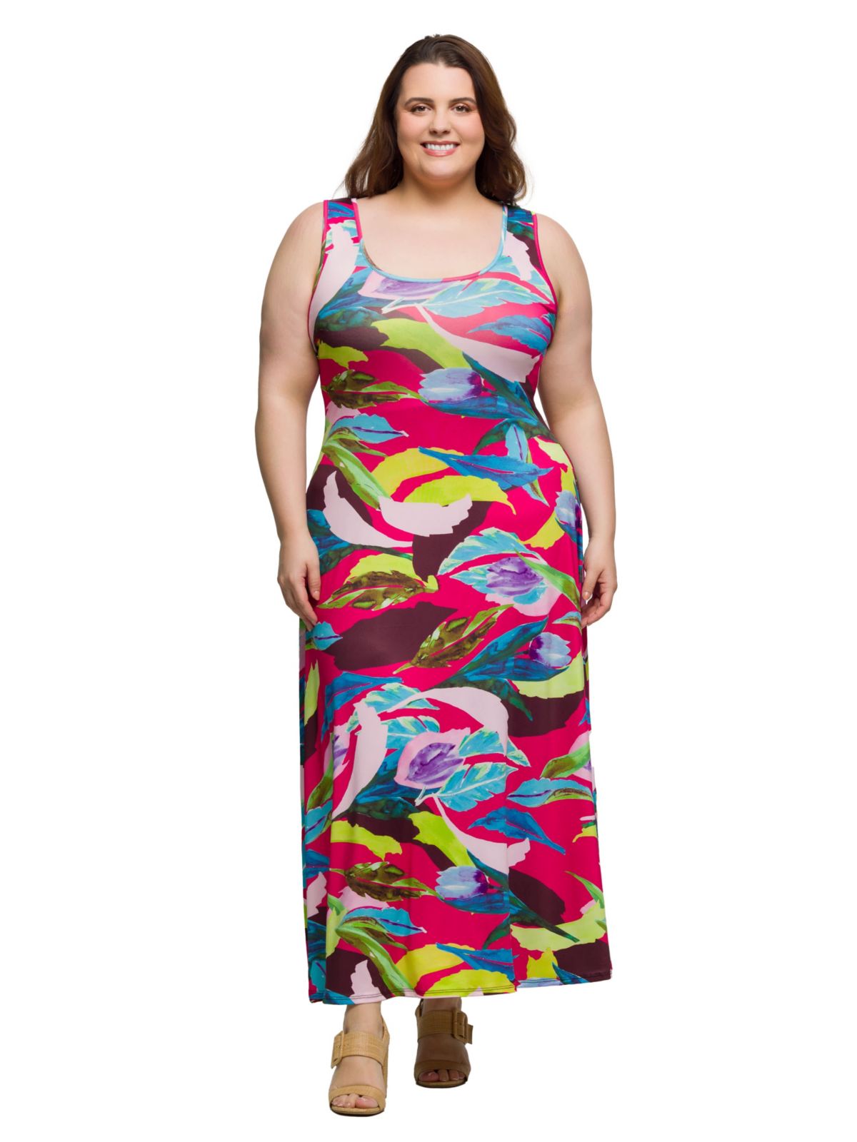 Plus Size Pink Floral Scoop Neck A Line Sleeveless Maxi Dress