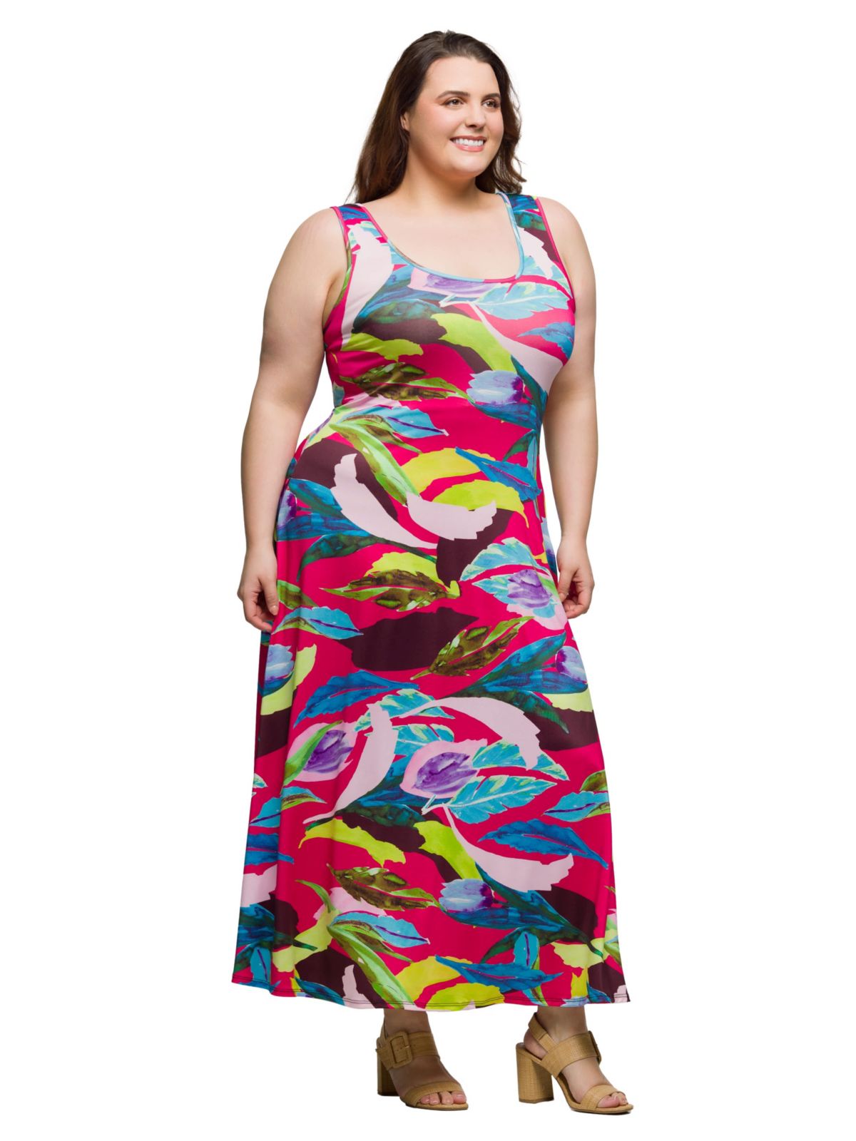 Plus Size Pink Floral Scoop Neck A Line Sleeveless Maxi Dress