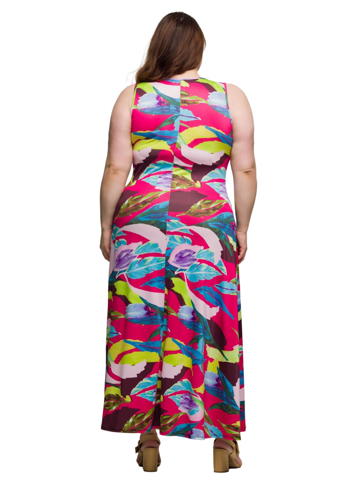 Plus Size Pink Floral Scoop Neck A Line Sleeveless Maxi Dress