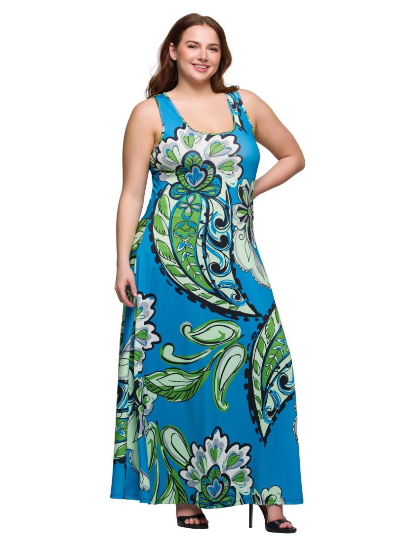 Plus Size Blue Paisley Print Scoop Neck A Line Sleeveless Maxi Dress