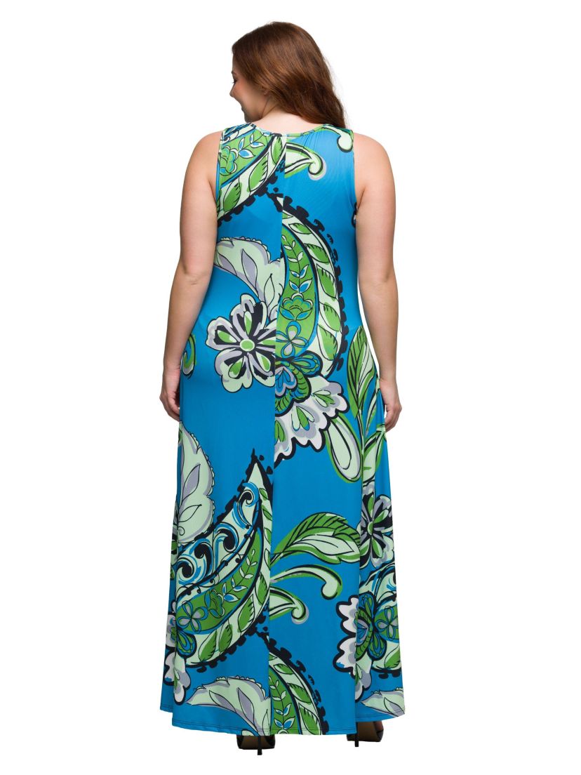 Plus Size Blue Paisley Print Scoop Neck A Line Sleeveless Maxi Dress