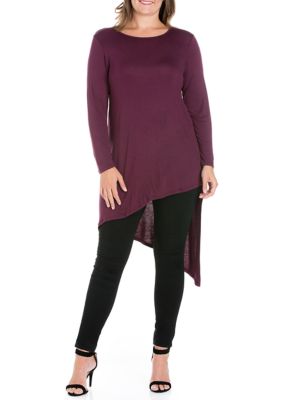 24seven Comfort Apparel Women's Plus Size Long Sleeve Knee Length Asymmetrical Tunic Top