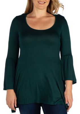 24seven Comfort Apparel Women's Plus Size Long Bell Sleeve Flared Tunic Top, Green, 3X