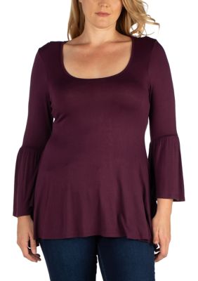 24seven Comfort Apparel Women's Plus Size Long Bell Sleeve Flared Tunic Top, Purple, 3X