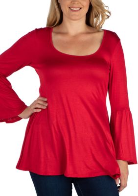 24seven Comfort Apparel Women's Plus Size Long Bell Sleeve Flared Tunic Top, Red, 3X