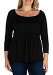 Plus Size Wide Square Neck Pleated Long Sleeve Tunic Top