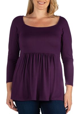 24seven Comfort Apparel Women's Plus Size Wide Square Neck Pleated Long Sleeve Tunic Top