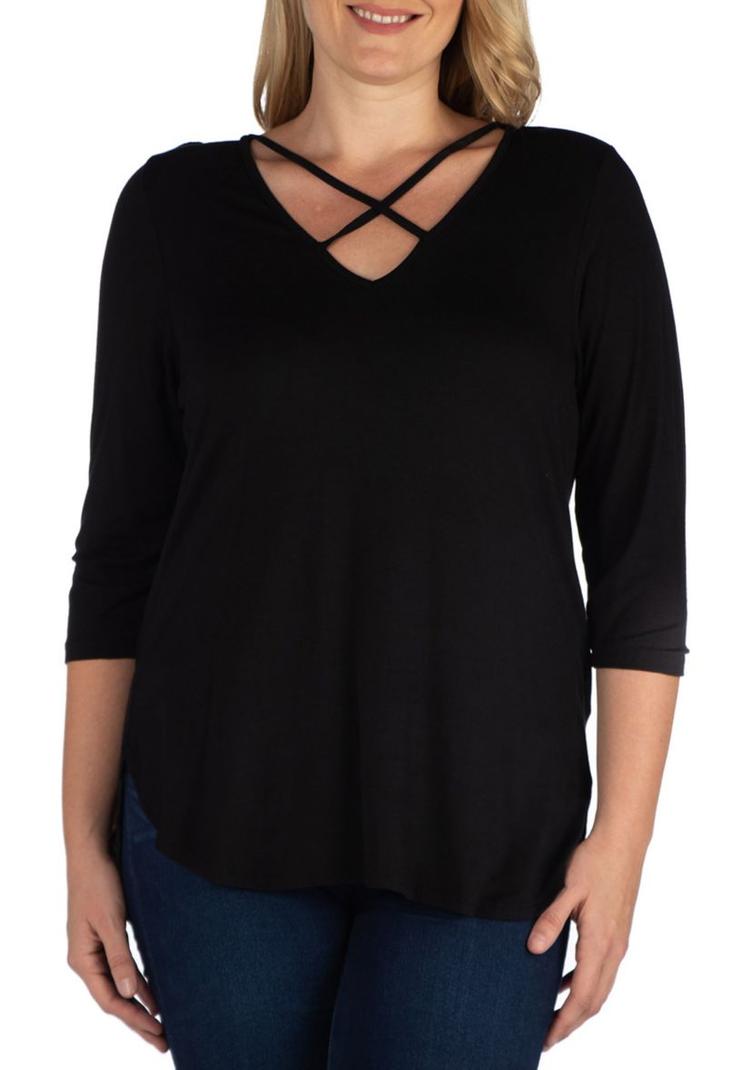 Plus Size Criss Cross Round Hemline Tunic Top