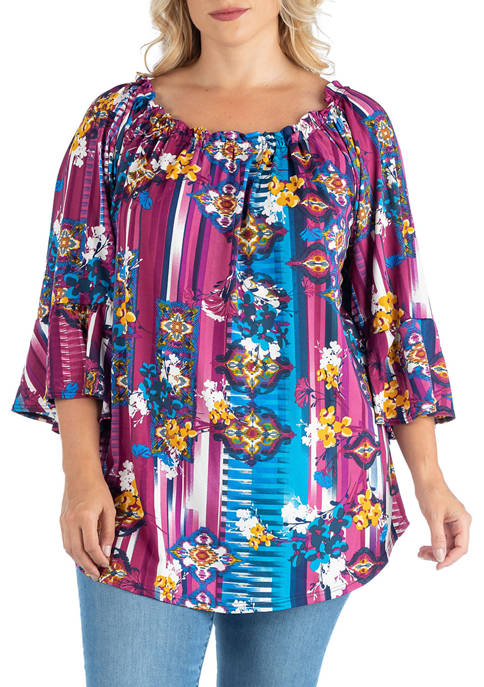Plus Size Floral Flare Sleeve Elastic Neckline Tunic Top