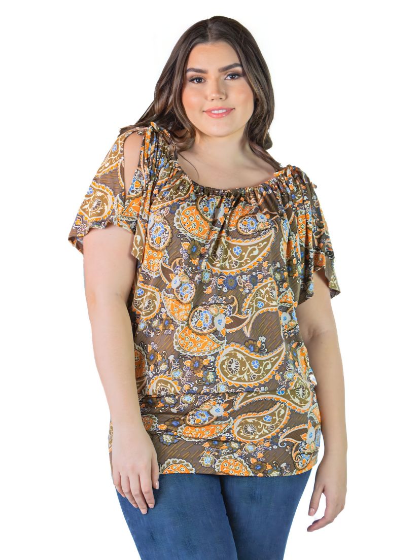 Plus Size Split Shoulder Short Sleeve Paisley Top