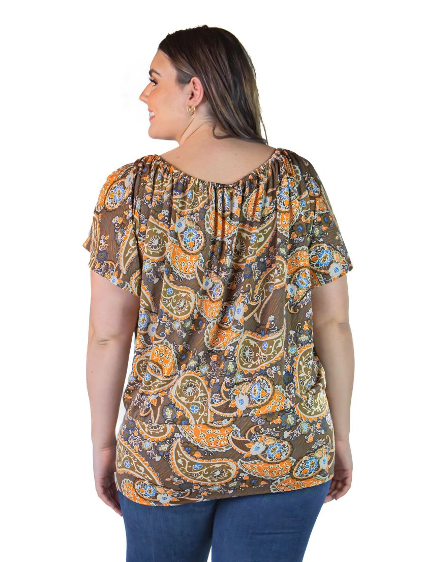 Plus Size Split Shoulder Short Sleeve Paisley Top