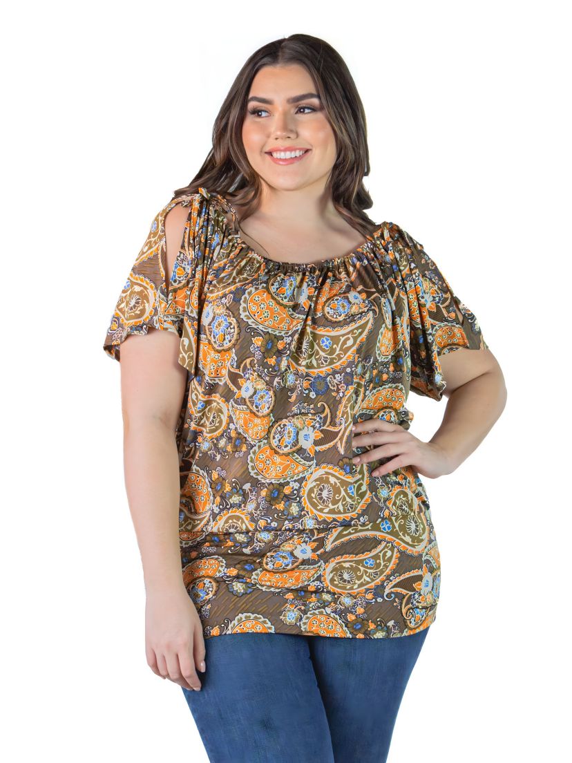 Plus Size Split Shoulder Short Sleeve Paisley Top