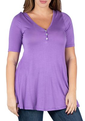 24seven Comfort Apparel Women's Plus Size Elbow Sleeve Henley Top