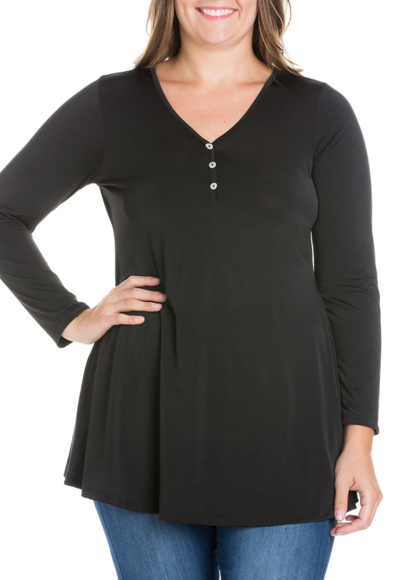 Plus Size Flared Long Sleeve Henley Tunic Top