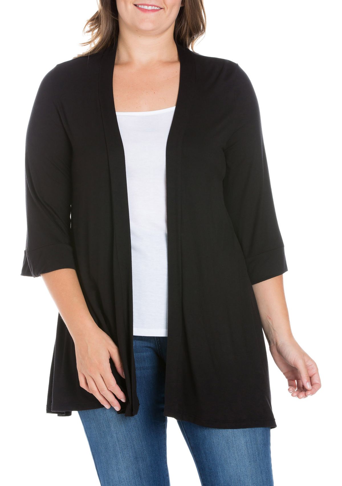 Plus Size Elbow Length Sleeve Open Front Cardigan