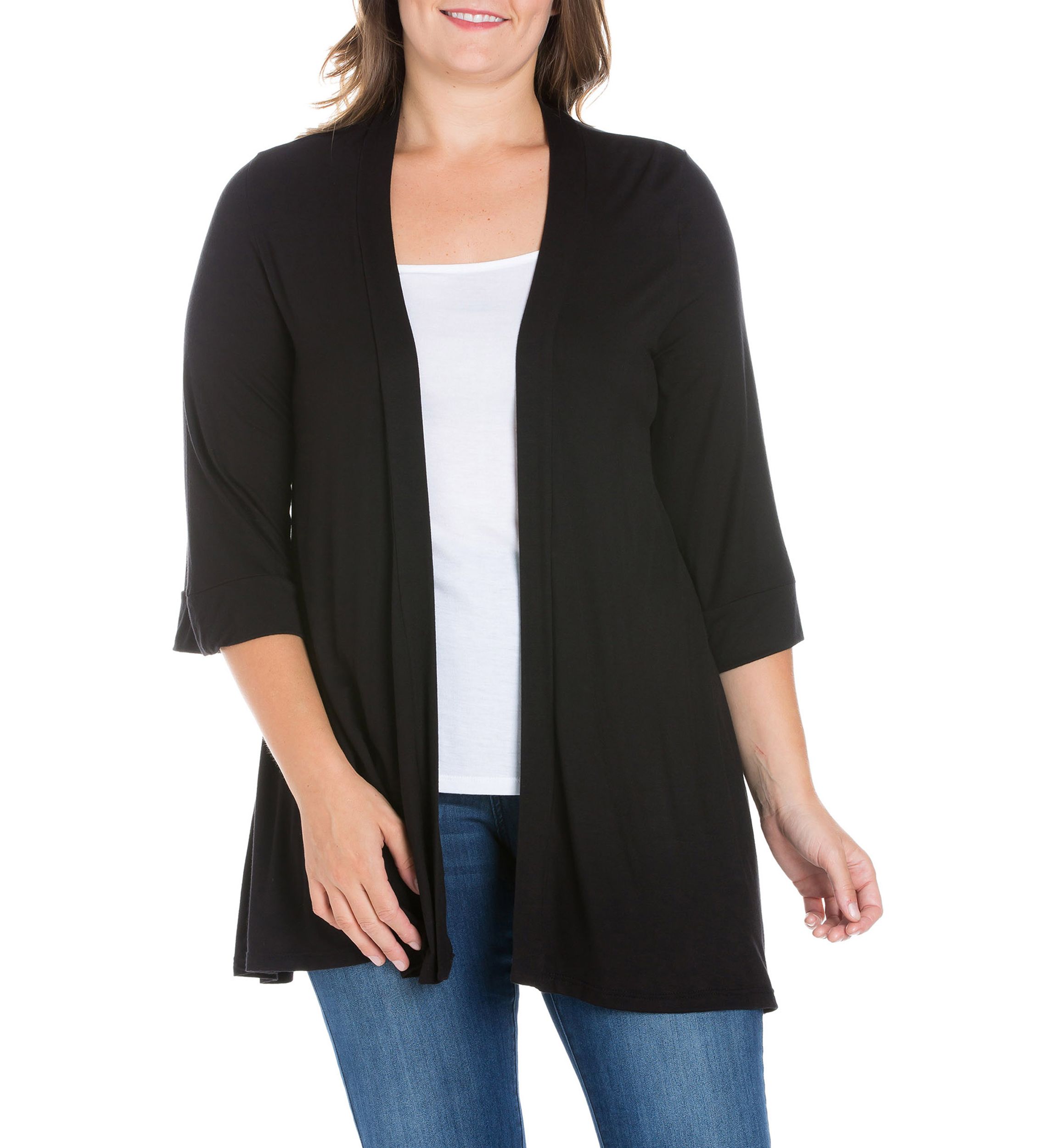 Plus Size Elbow Length Sleeve Open Front Cardigan