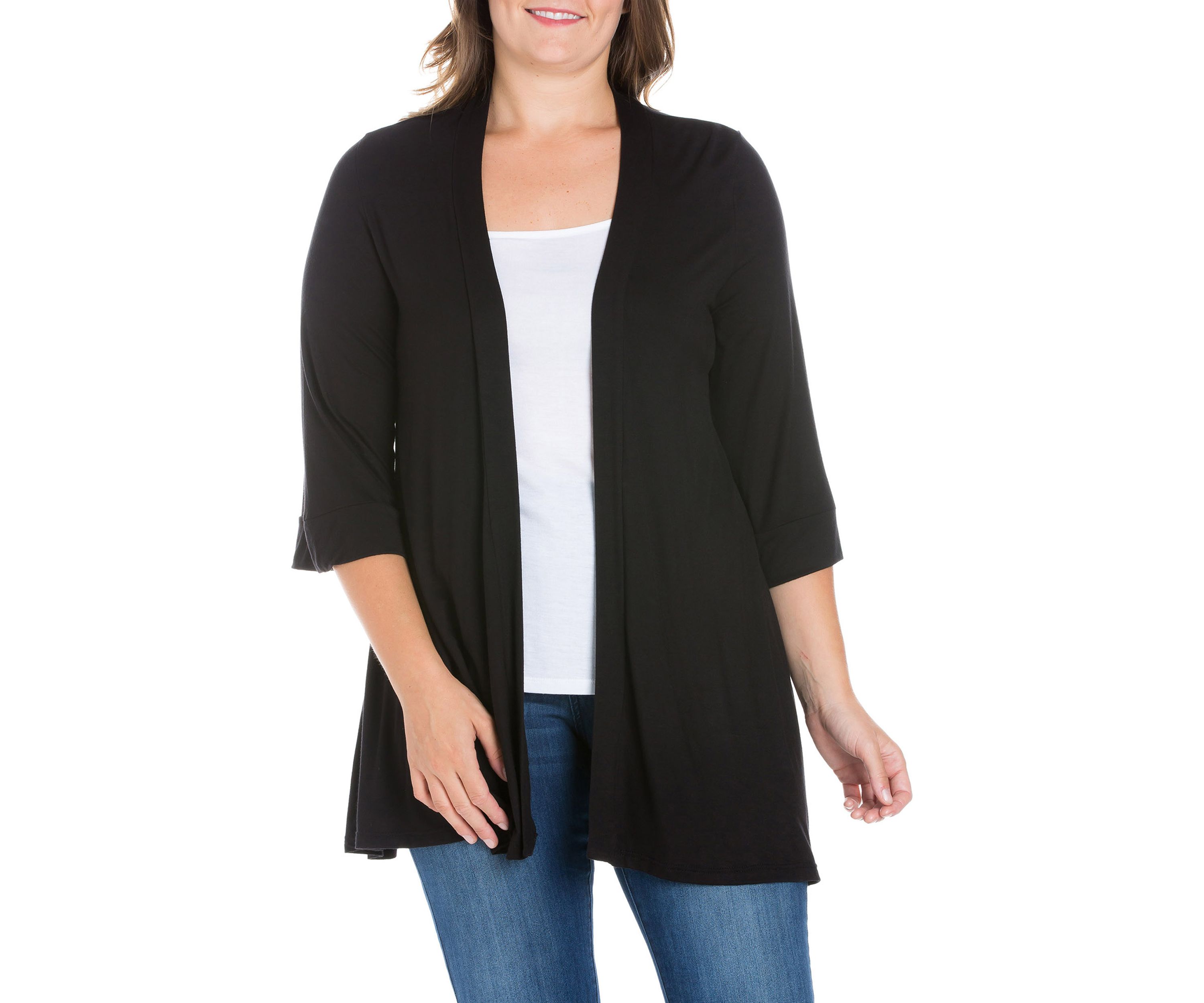 Plus Size Elbow Length Sleeve Open Front Cardigan
