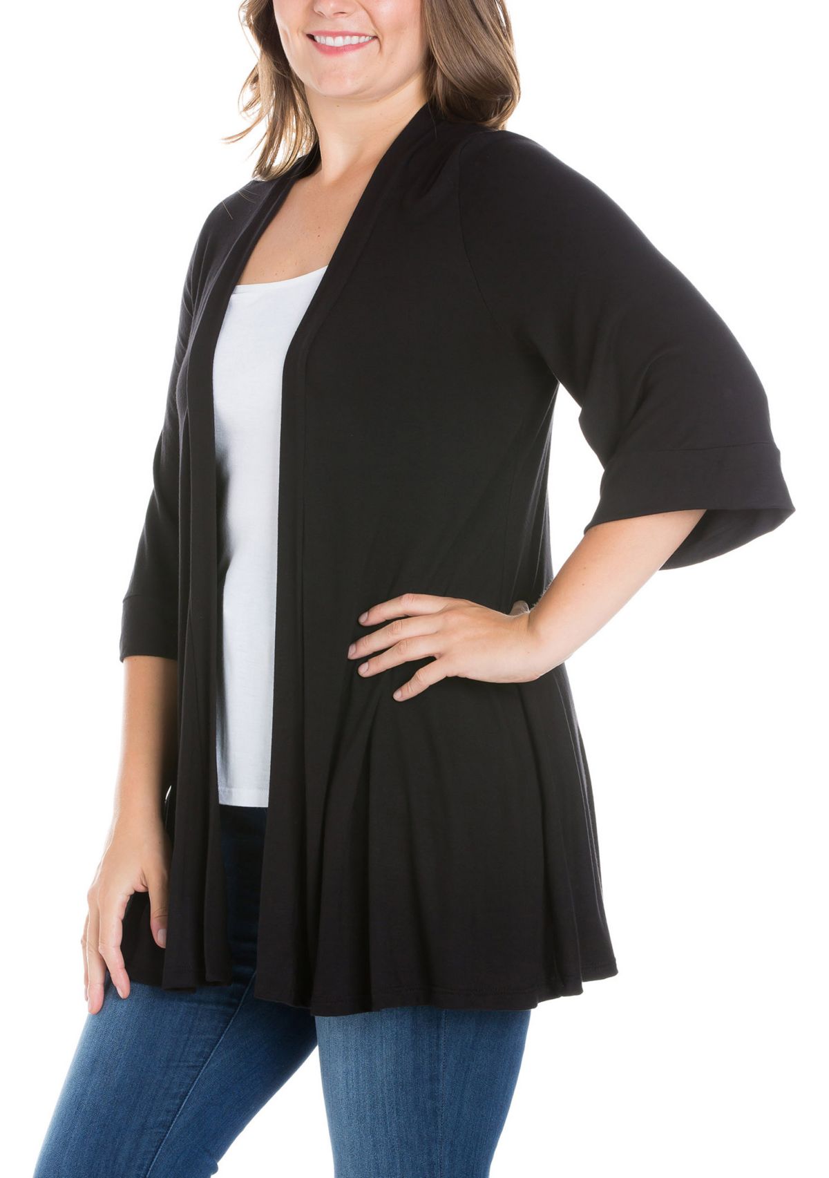 Plus Size Elbow Length Sleeve Open Front Cardigan