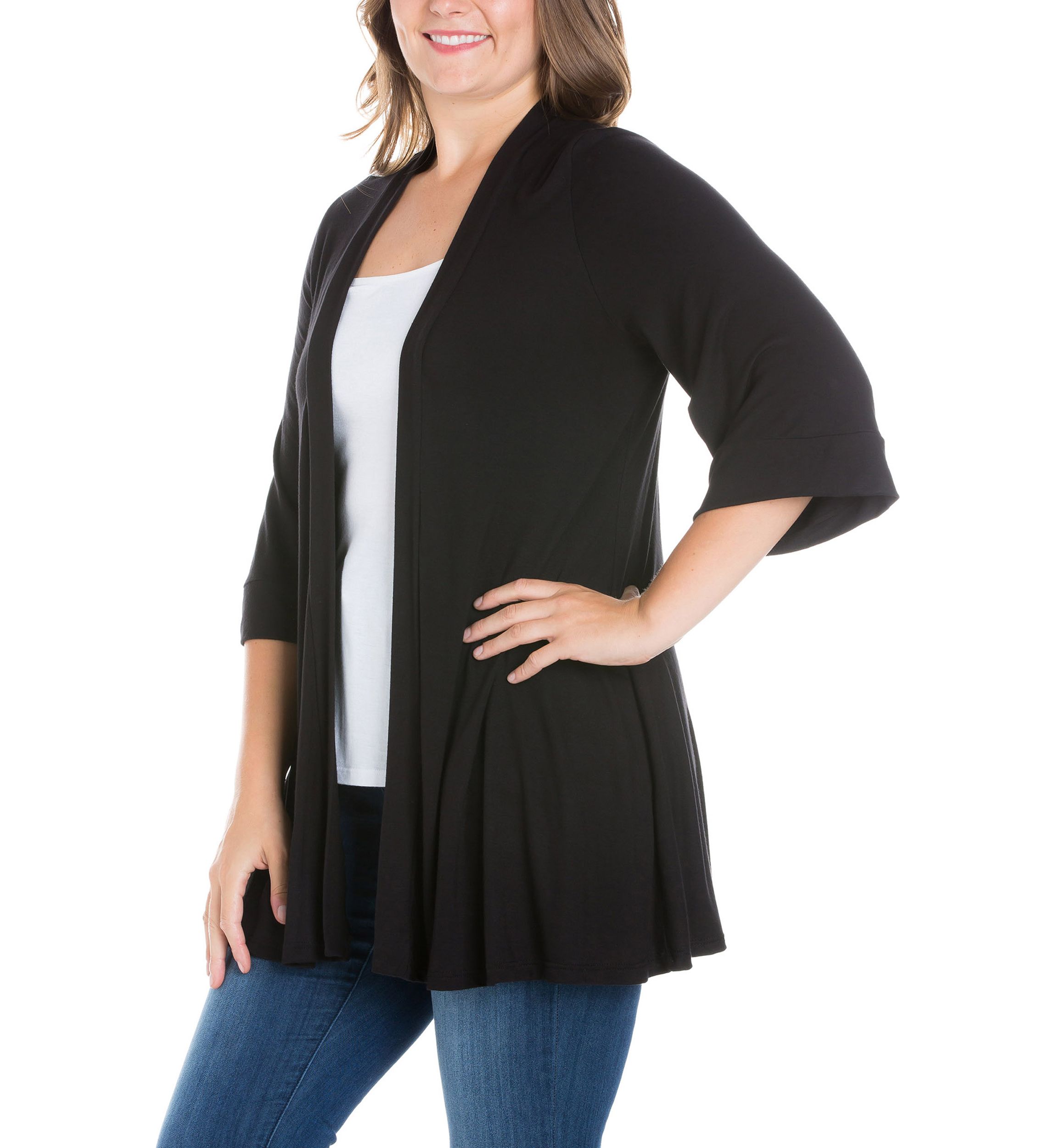 Plus Size Elbow Length Sleeve Open Front Cardigan
