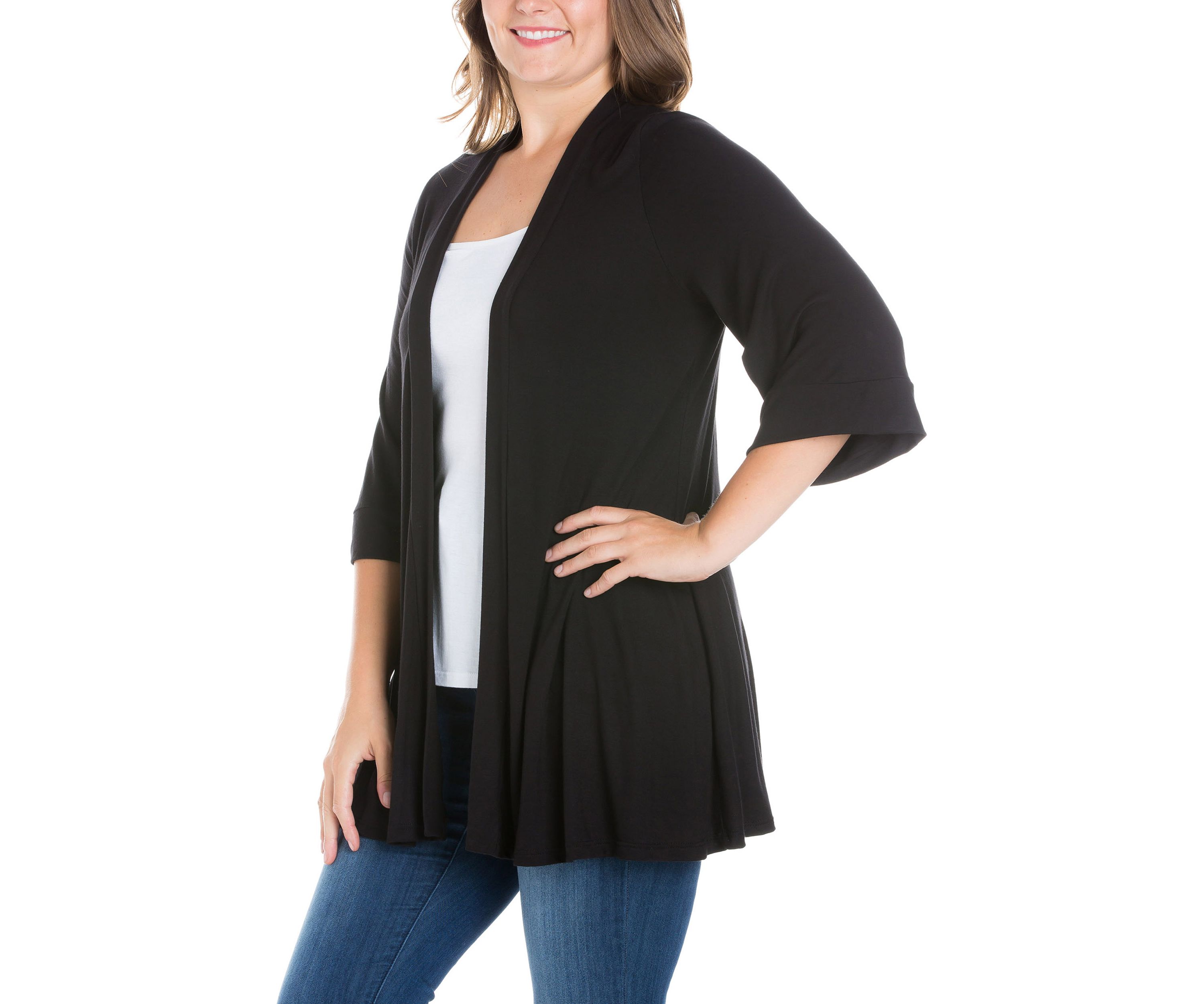 Plus Size Elbow Length Sleeve Open Front Cardigan