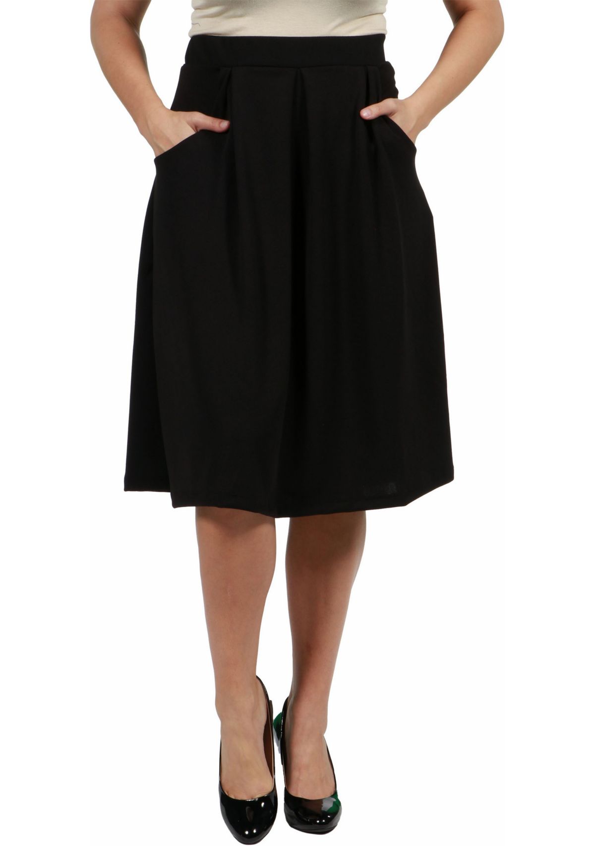 Classic Plus Size Knee Length Black Skirt With Pockets