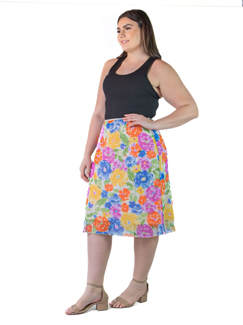 Plus Size Multi Print Elastic Waist Knee Length Skirt