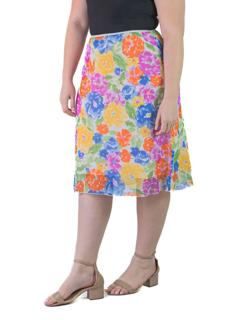 Plus Size Multi Print Elastic Waist Knee Length Skirt