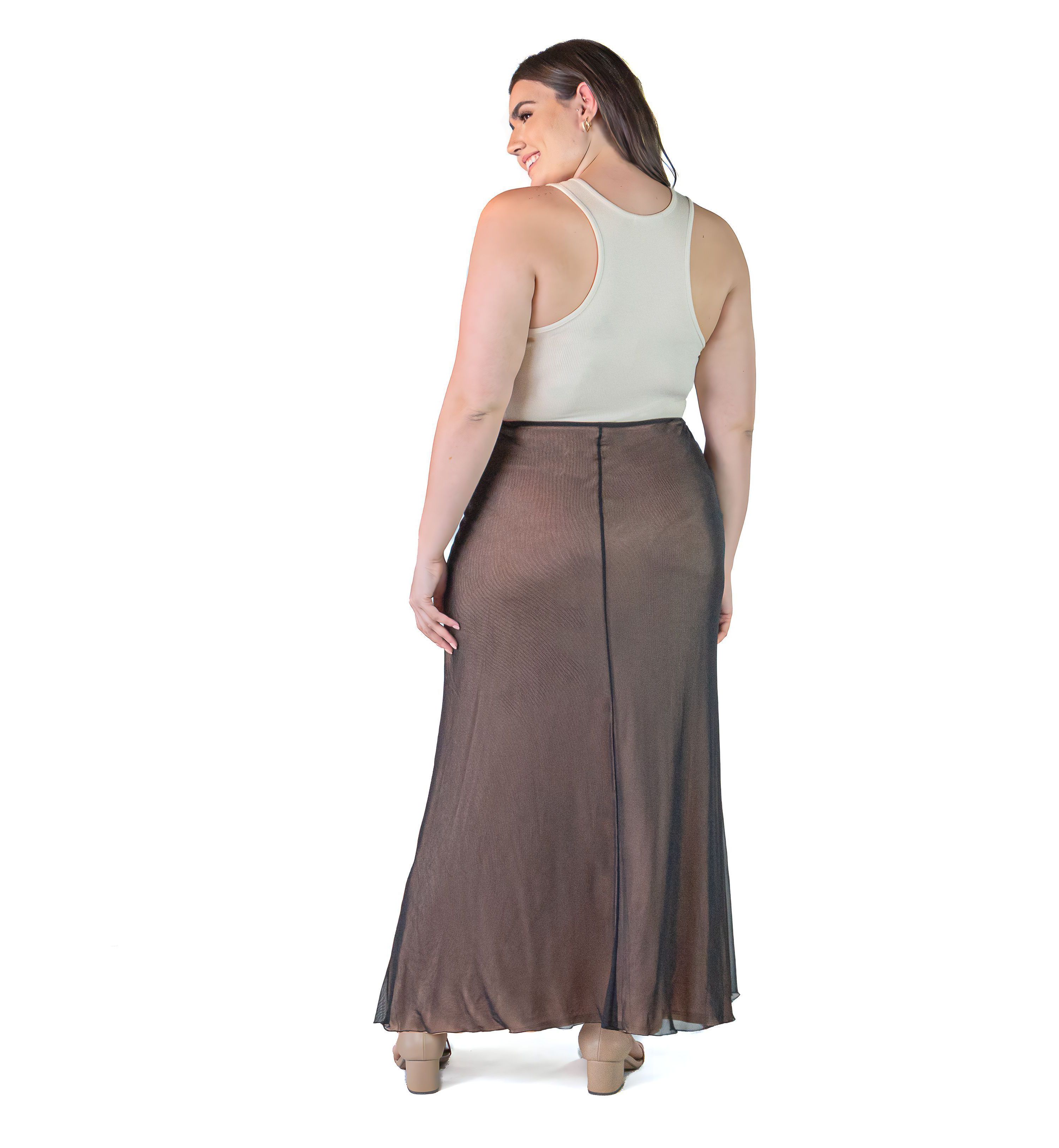 Plus Size Sheer Overlay Elastic Waist Maxi Skirt