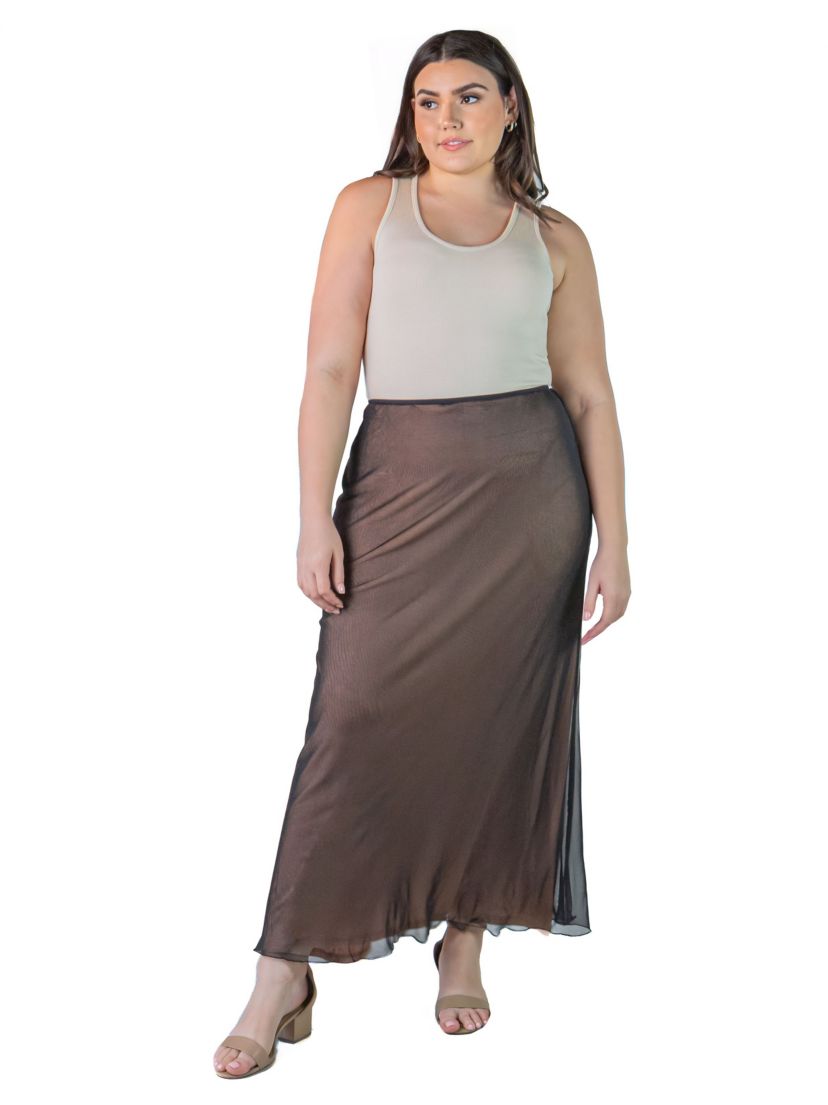 Plus Size Sheer Overlay Elastic Waist Maxi Skirt