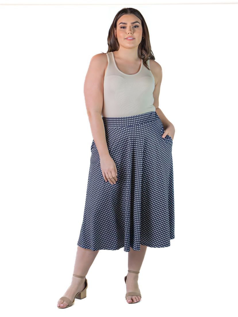 Plus Size Pleated Pocket Midi Skirt with Polka Dots