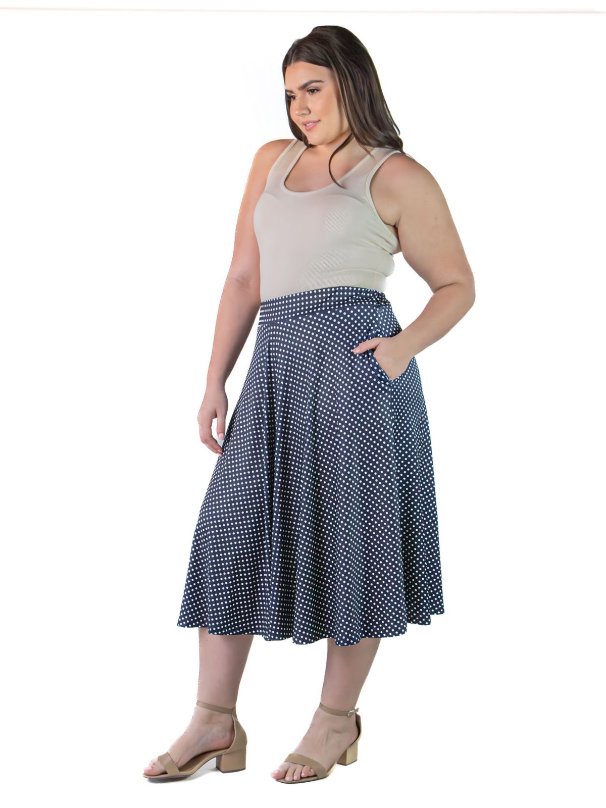 Plus Size Pleated Pocket Midi Skirt with Polka Dots