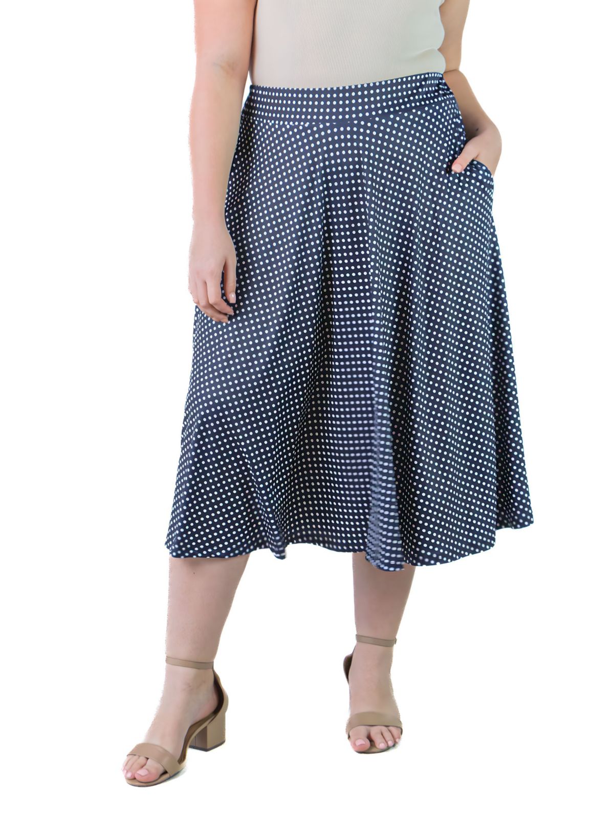Plus Size Pleated Pocket Midi Skirt with Polka Dots