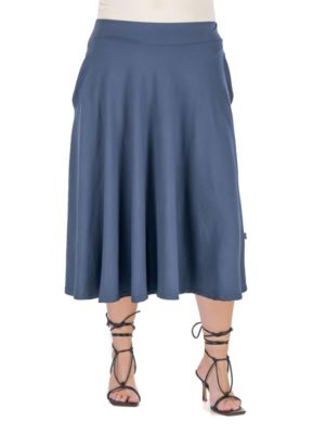 24seven Comfort Apparel Women's Elastic Waist Pleated Pocket Plus Size Midi Skirt