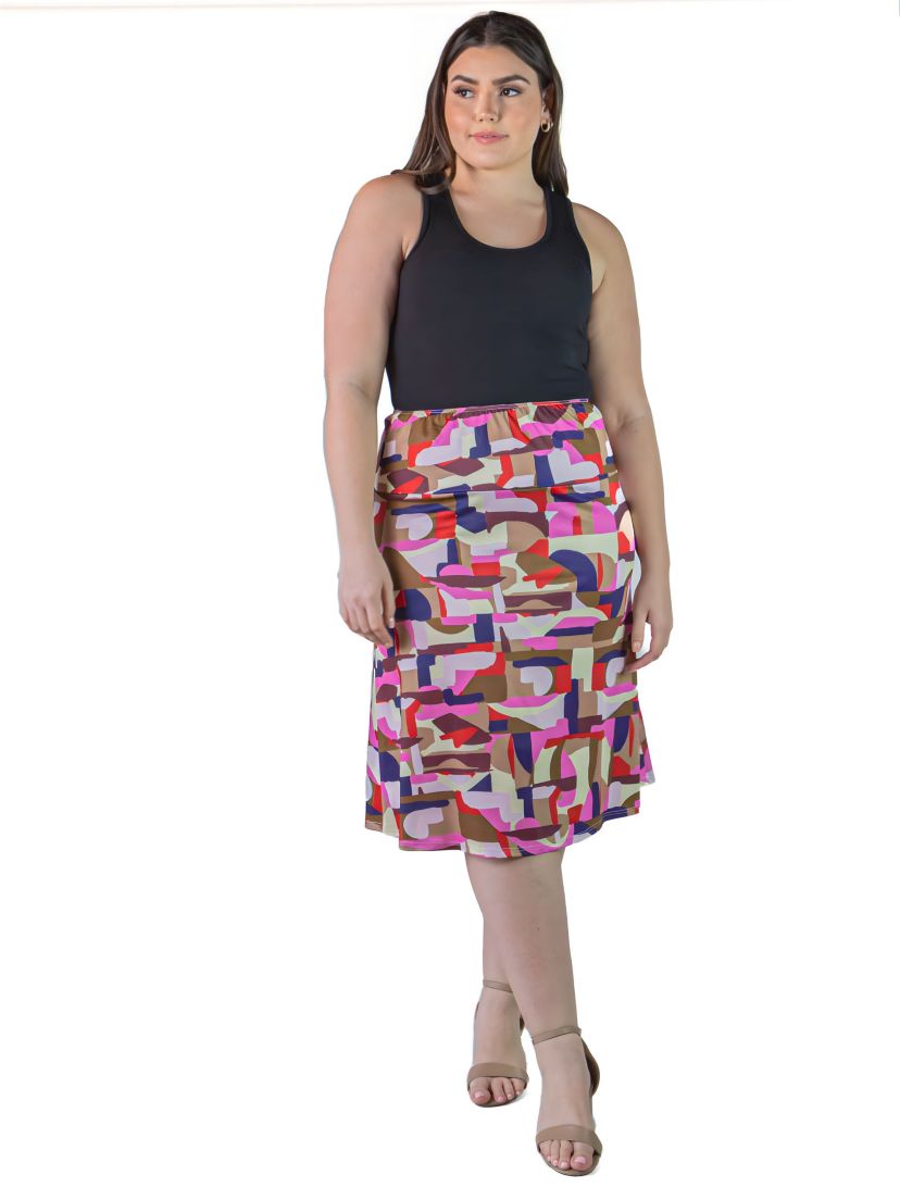Plus Size Multi-Print Elastic Waist Below Knee Length Skirt