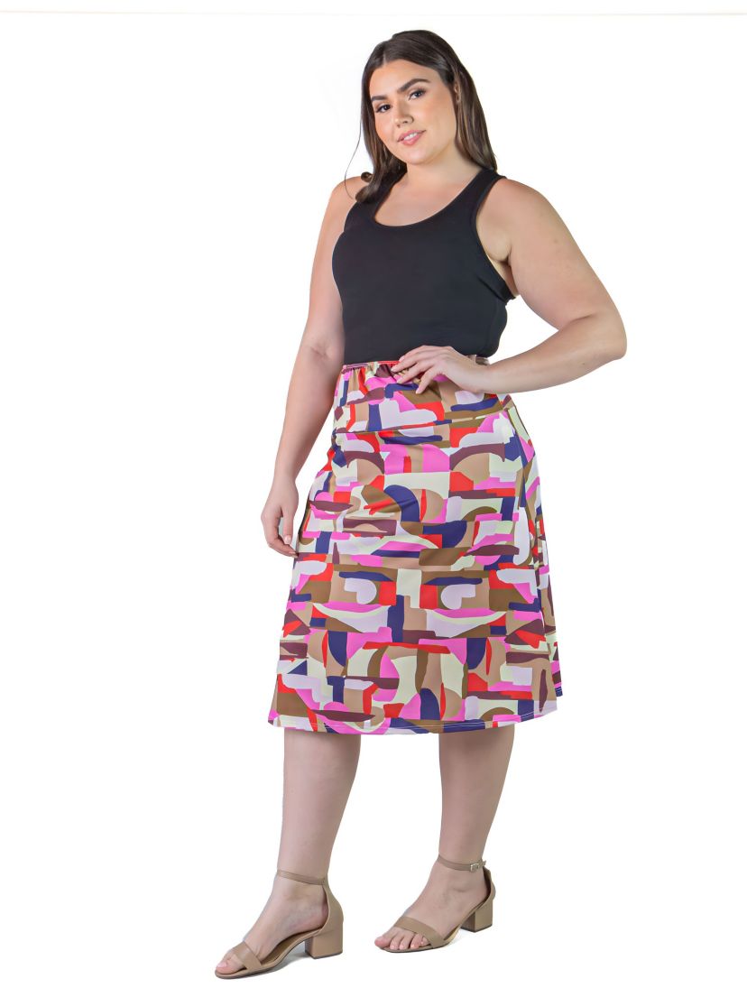 Plus Size Multi-Print Elastic Waist Below Knee Length Skirt