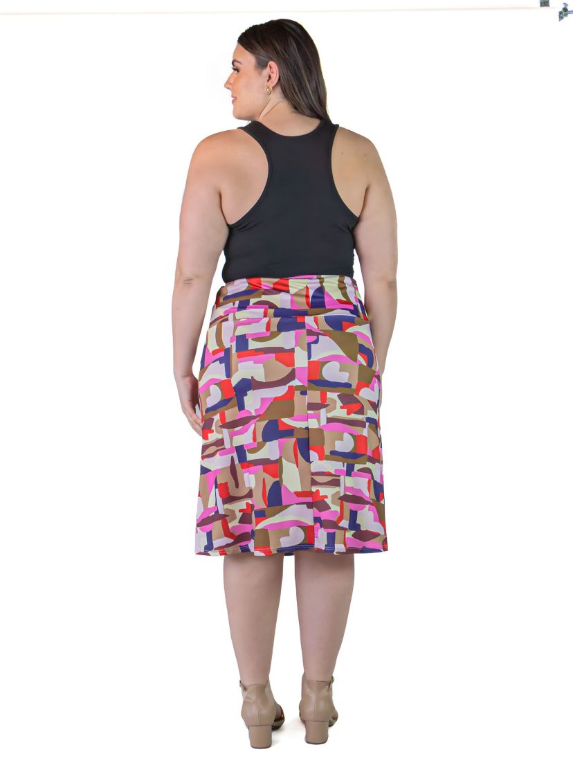Plus Size Multi-Print Elastic Waist Below Knee Length Skirt