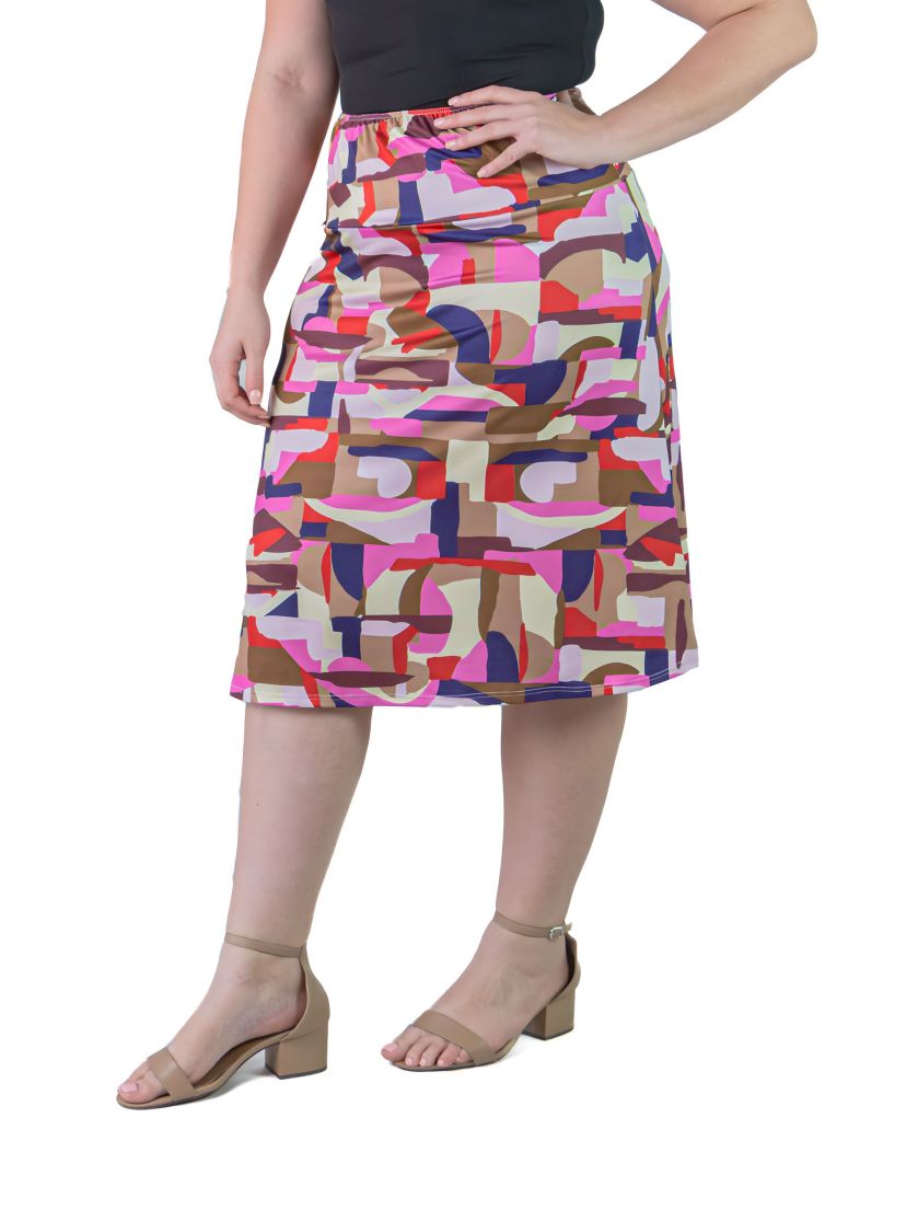 Plus Size Multi-Print Elastic Waist Below Knee Length Skirt