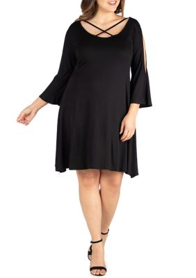 24seven Comfort Apparel Women's Plus Size Criss Cross Scoop Neckline Cold Shoulder Dress, Black, 3X