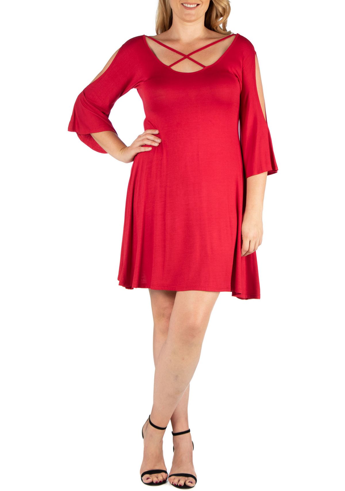 Plus Size Criss Cross Scoop Neckline Cold Shoulder Dress